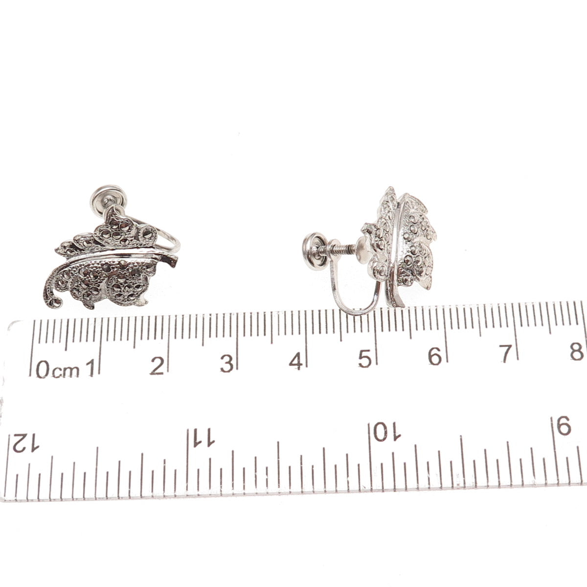 925 Sterling Silver Antique Art Deco Real Marcasite Floral Screw Back Earrings