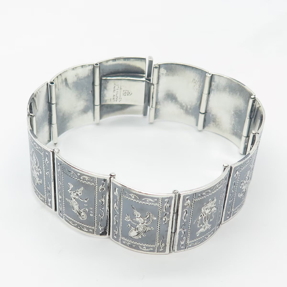 925 Sterling Silver Vintage Niello Hindu Goddess Panel Link Bracelet 6.5"