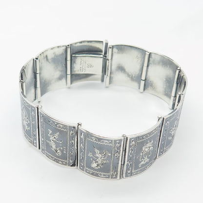 925 Sterling Silver Vintage Niello Hindu Goddess Panel Link Bracelet 6.5"