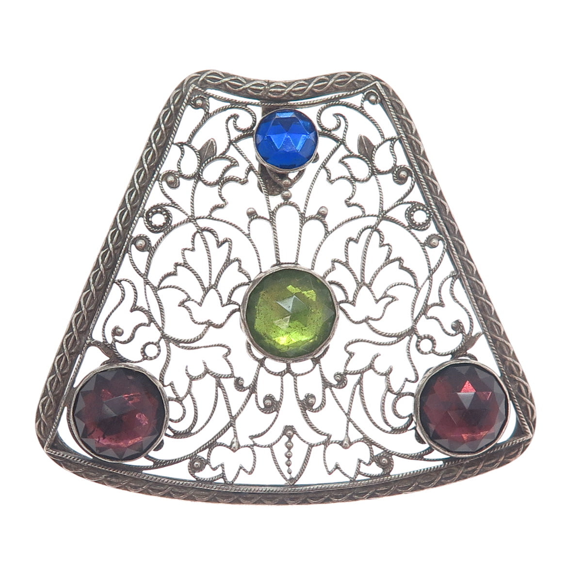 800 Silver Antique Blue Green & Purple Rhinestone Filigree Oxidized Pendant