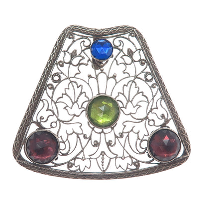 800 Silver Antique Blue Green & Purple Rhinestone Filigree Oxidized Pendant