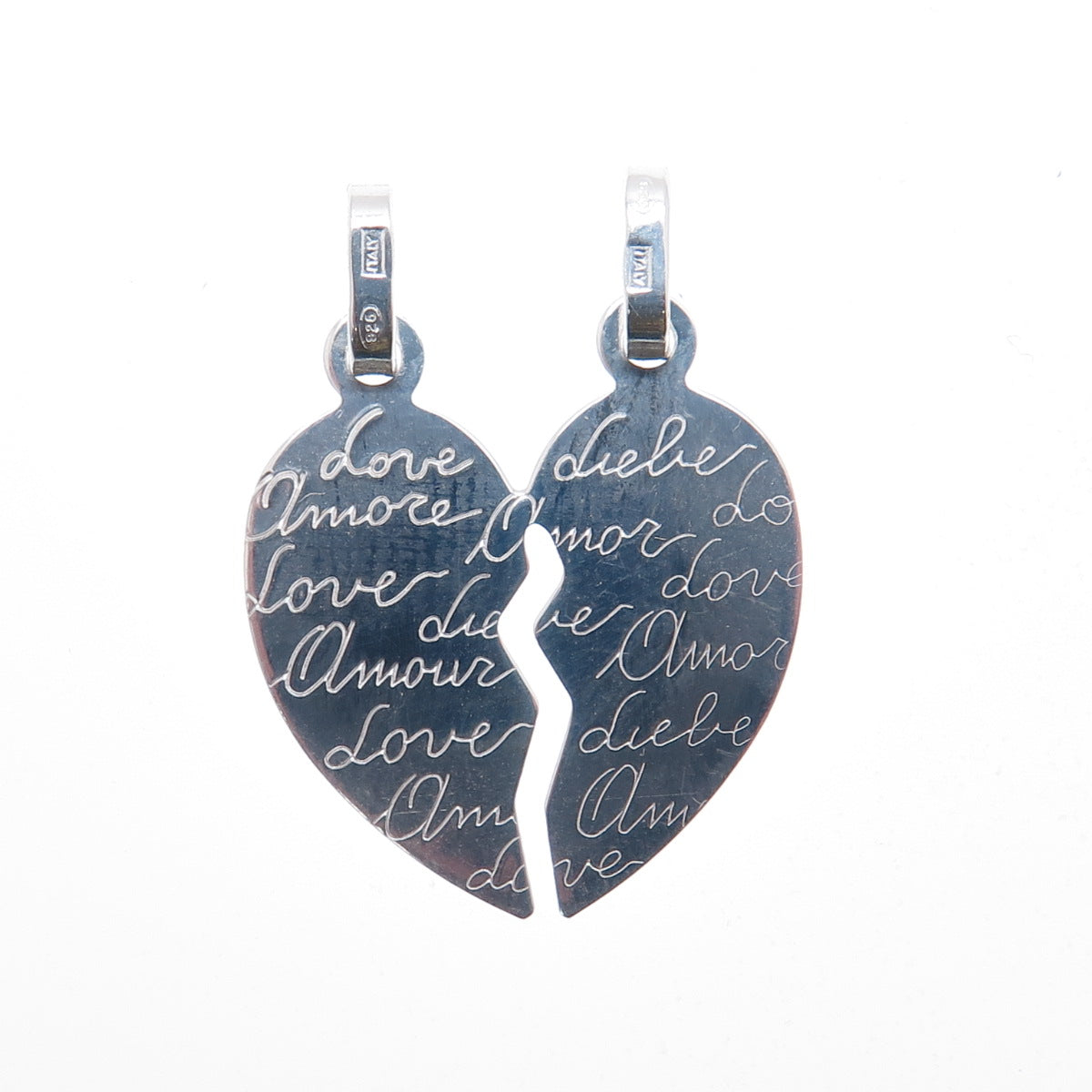 925 Sterling Silver Italy Love Amour Liebe 2-Piece Breakable Heart Pendant