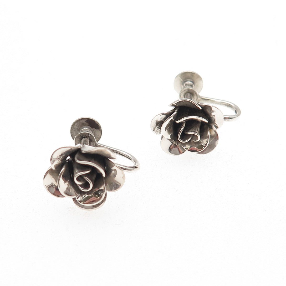 JewelArt 925 Sterling Silver Vintage Rose Flower Oxidized Screw Back Earrings