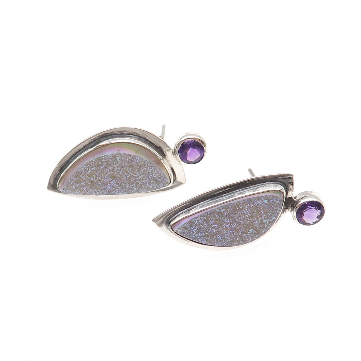 H & BJ Mackie 925 Sterling Silver Vintage Real Druzy Amethyst Modernist Earrings