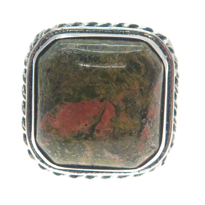 925 Sterling Silver Vintage Real Cushion-Cut Unakite Roped Ring Size 7.75