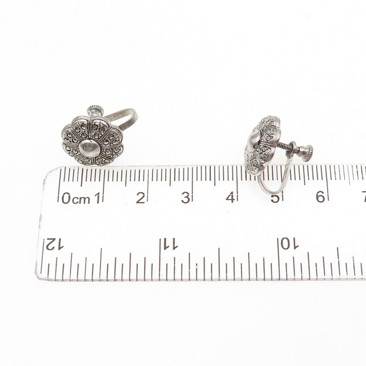 925 Sterling Silver Antique Art Deco Real Marcasite Floral Screw Back Earrings