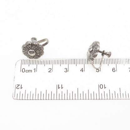 925 Sterling Silver Antique Art Deco Real Marcasite Floral Screw Back Earrings