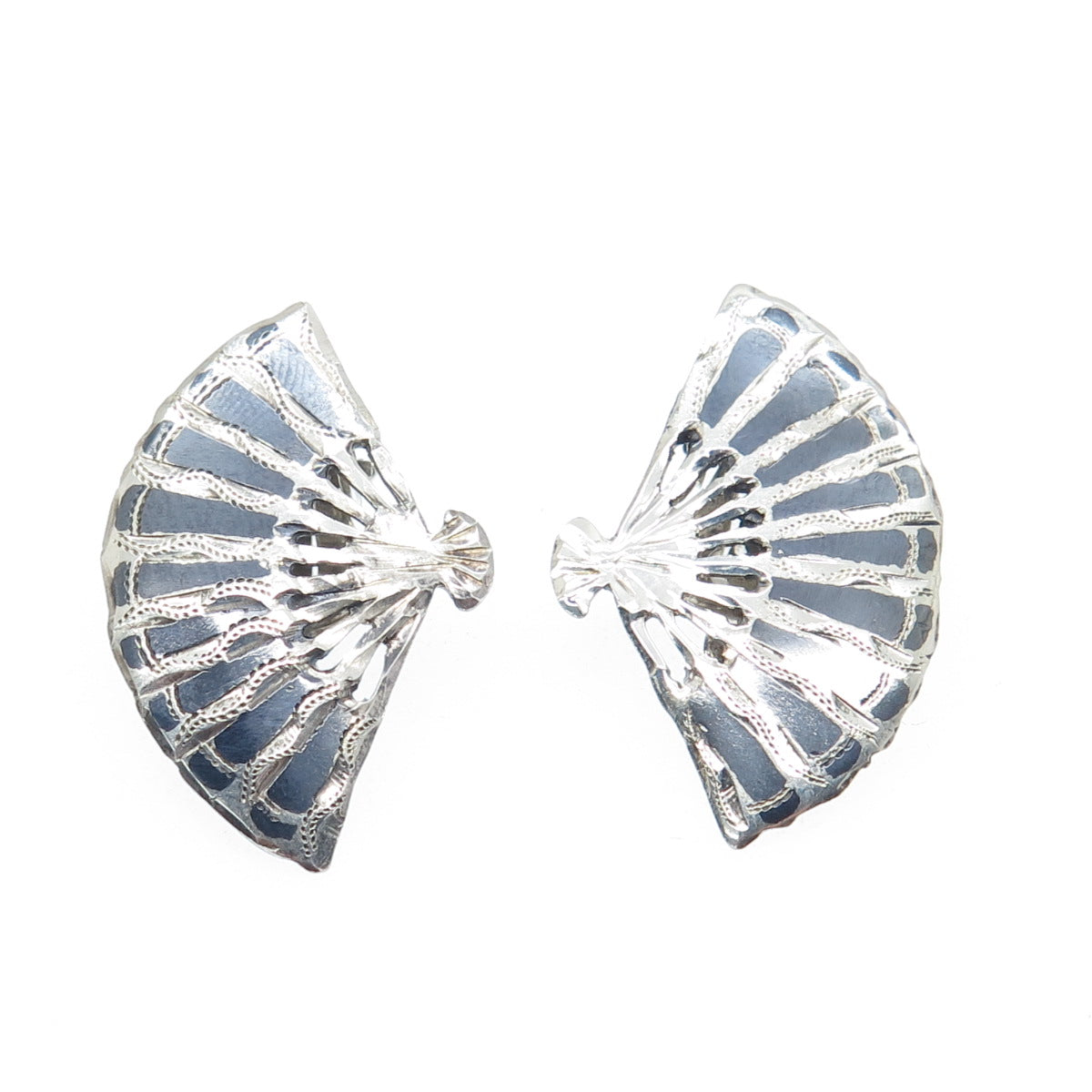 925 Sterling Silver Vintage Siam Niello Fan Clip On Earrings