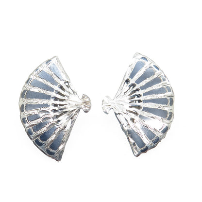 925 Sterling Silver Vintage Siam Niello Fan Clip On Earrings