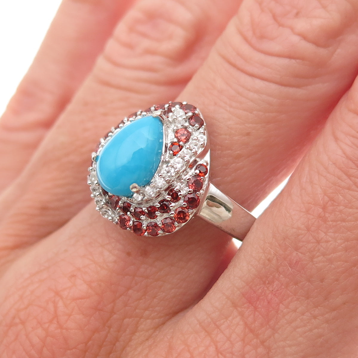 Chuck Clemency 925 Sterling Real Turquoise Red Garnet & White Topaz Ring Size 10