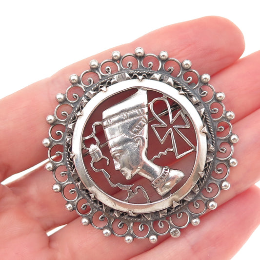 800 Silver Antique Art Deco Egyptian Nefertiti Pharoh Oxidized Pin Brooch