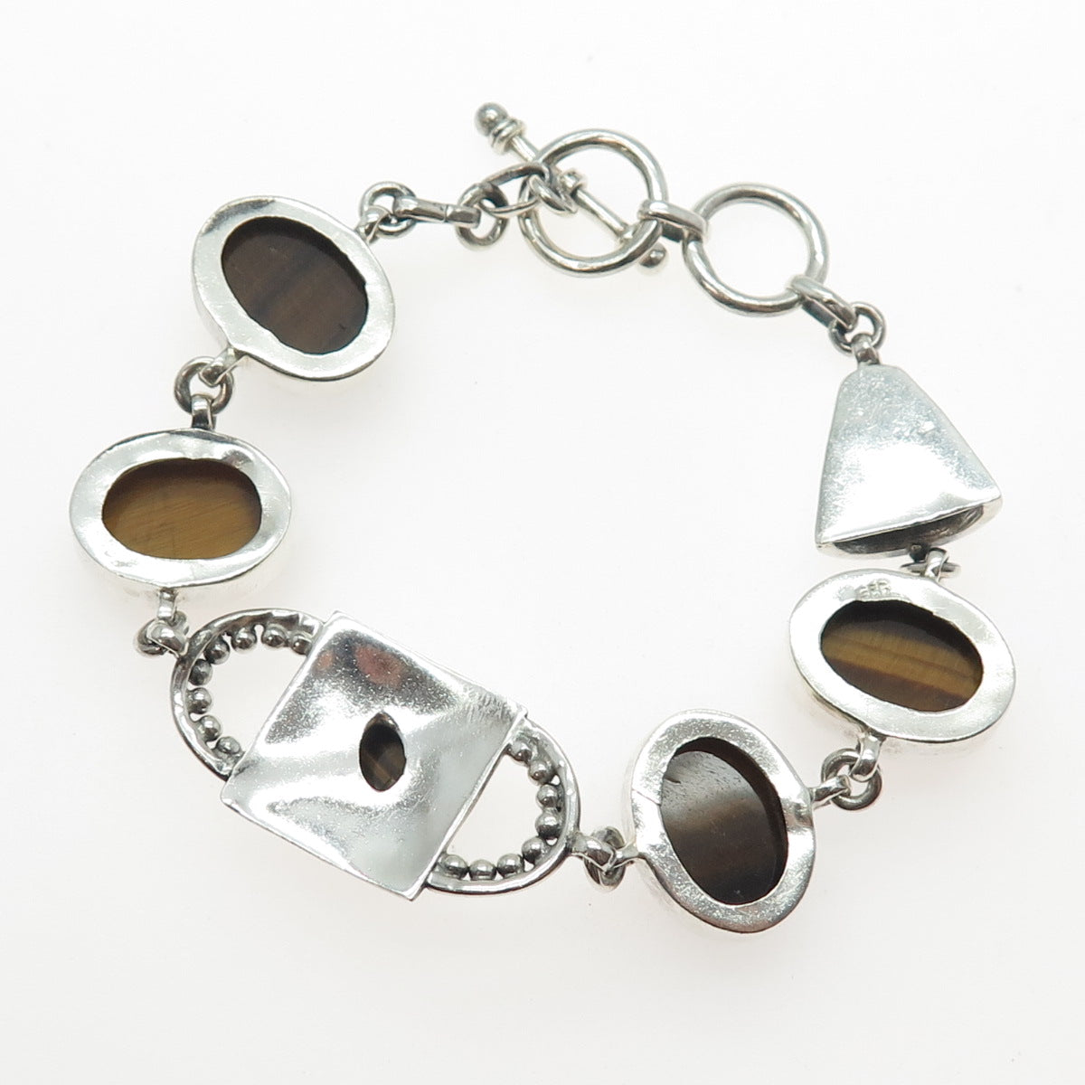 925 Sterling Silver Vintage Real Tiger Eye Modernist Link Bracelet 6-6.75"