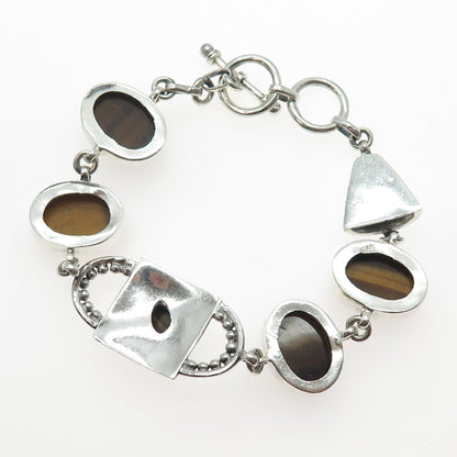 925 Sterling Silver Vintage Real Tiger Eye Modernist Link Bracelet 6-6.75"