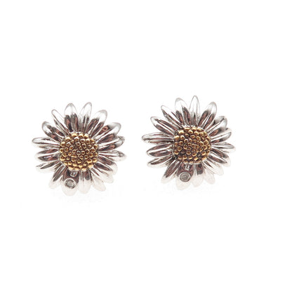925 Sterling Silver 2-Tone Real Round-Cut Diamond Daisy Flower Stud Earrings