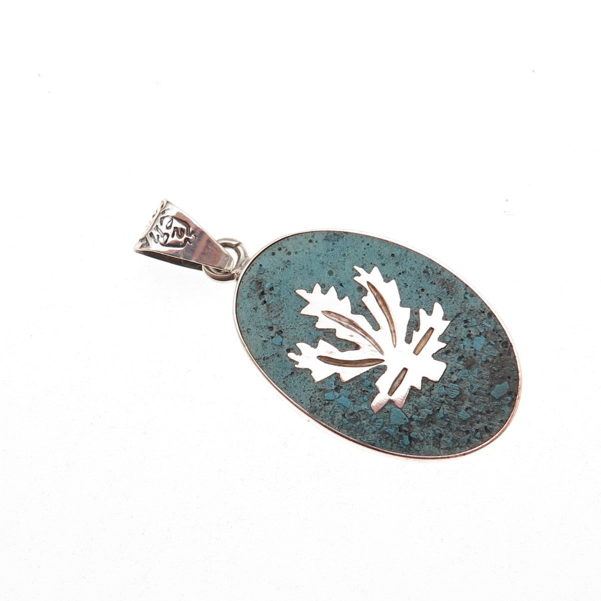 925 Sterling Silver Vintage Mexico Real Turquoise Inlay Cannabis Leaf Pendant