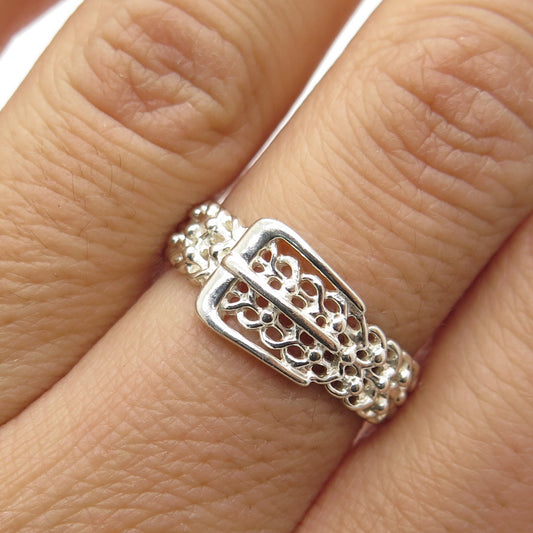 925 Sterling Silver Vintage Belt Buckle Ornate Ring Size 7.25