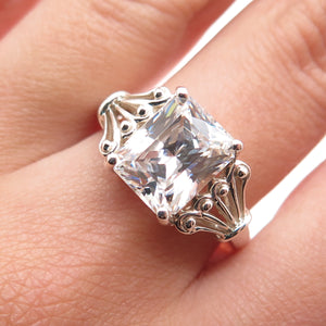 925 Sterling Silver Vintage Emerald-Cut C Z Engagement Ring Size 8