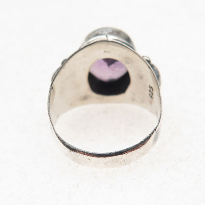 925 Sterling Silver Vintage Real Amethyst Modernist Oxidized Ring Size 7