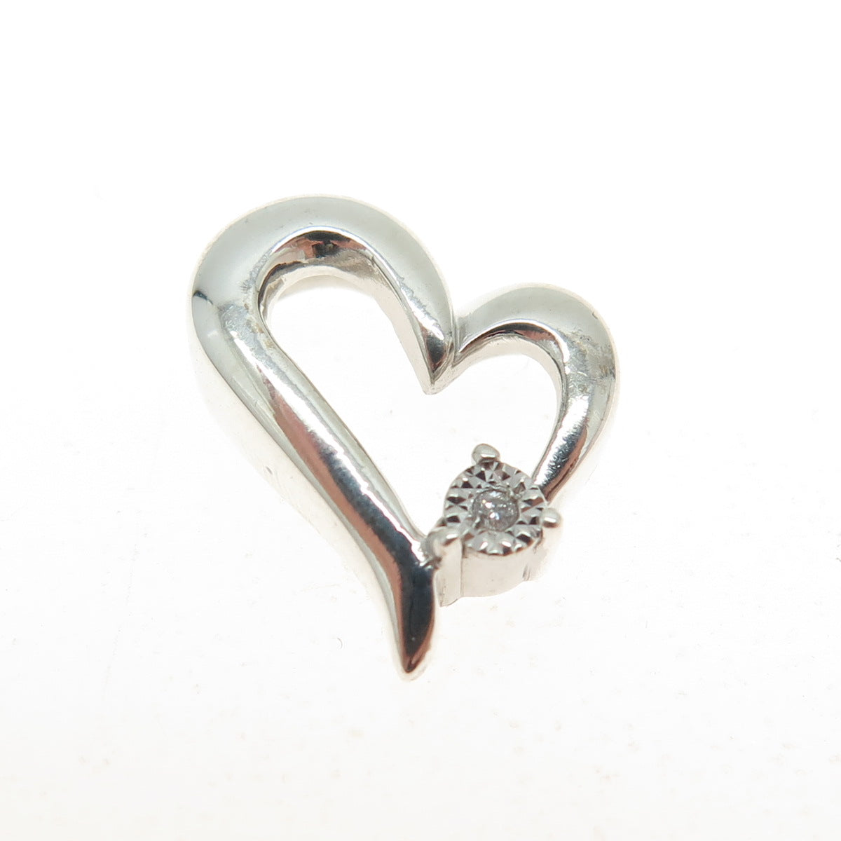 925 Sterling Silver Real Round-Cut Diamond Heart Minimalist Slide Pendant