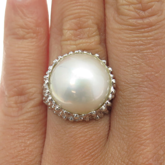 MIRKA JANECKOVA 925 Sterling Silver Vintage Real Pearl Modernist Ring Size 6.75