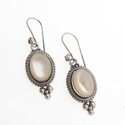 Suarti Bali 925 Sterling Silver Vintage Real MOP Oxidized Dangle Earrings