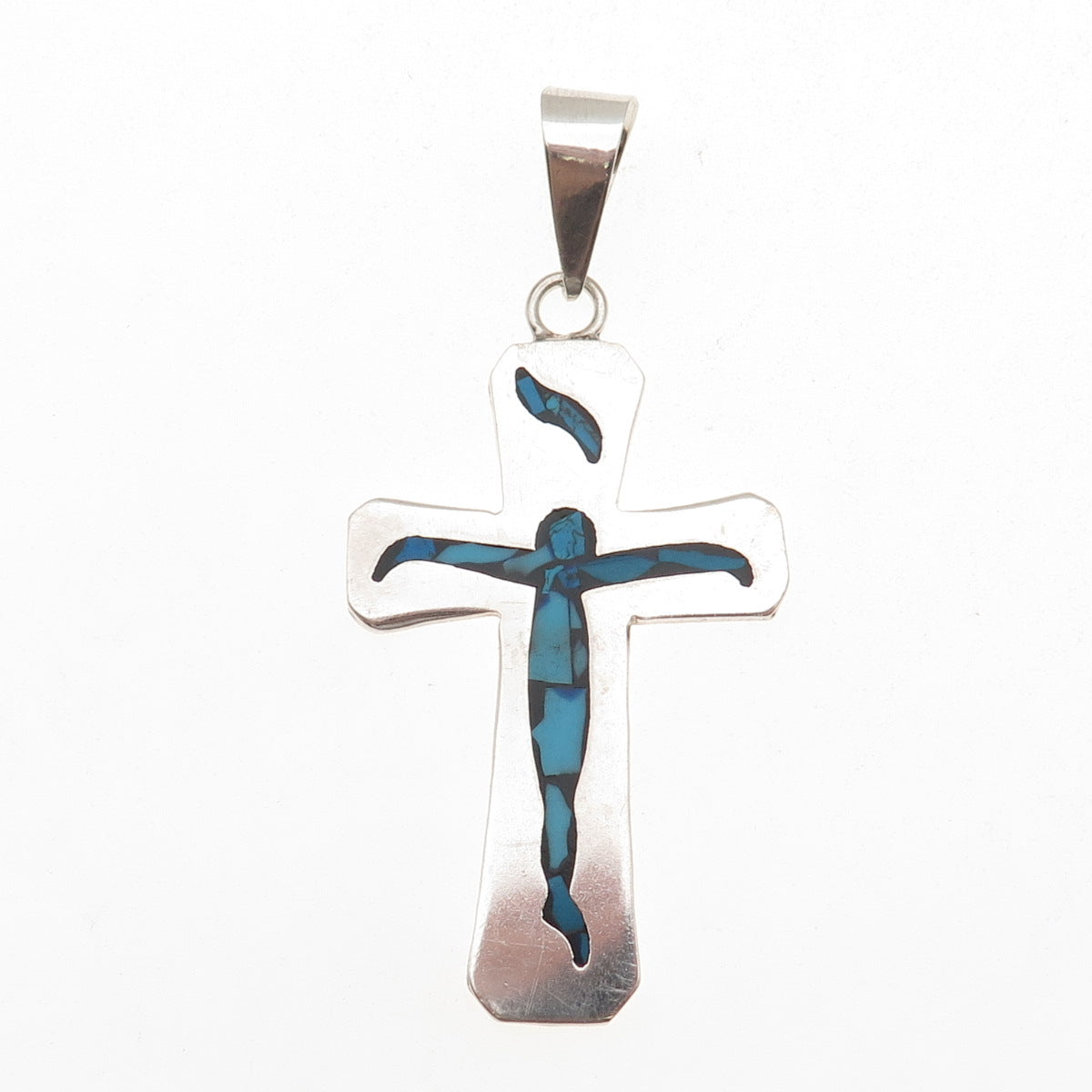 925 Sterling Silver Vintage Mexico Real Turquoise Inlay Crucifix Cross Pendant