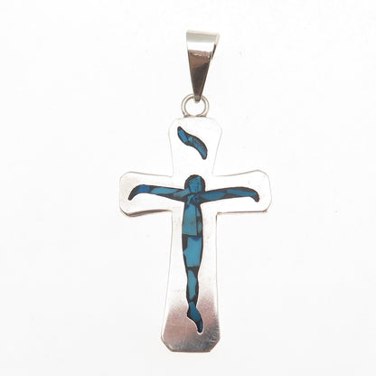 925 Sterling Silver Vintage Mexico Real Turquoise Inlay Crucifix Cross Pendant