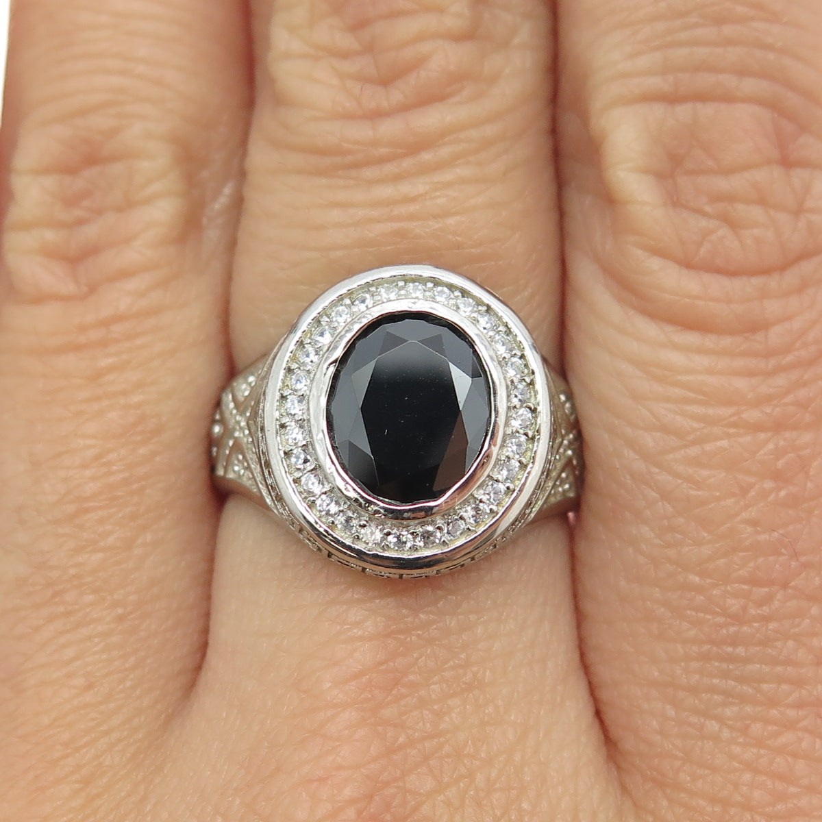 925 Sterling Silver Real Black Spinel & C Z Greek Maze Ring Size 8.5