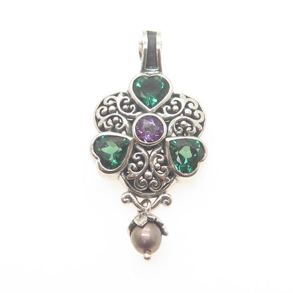 NK SILVER 925 Sterling Vintage Real Amethyst Chrome Diopside Pearl Heart Pendant