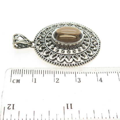 925 Sterling Silver Vintage Real Smoky Quartz Granulated Floral Oxidized Pendant
