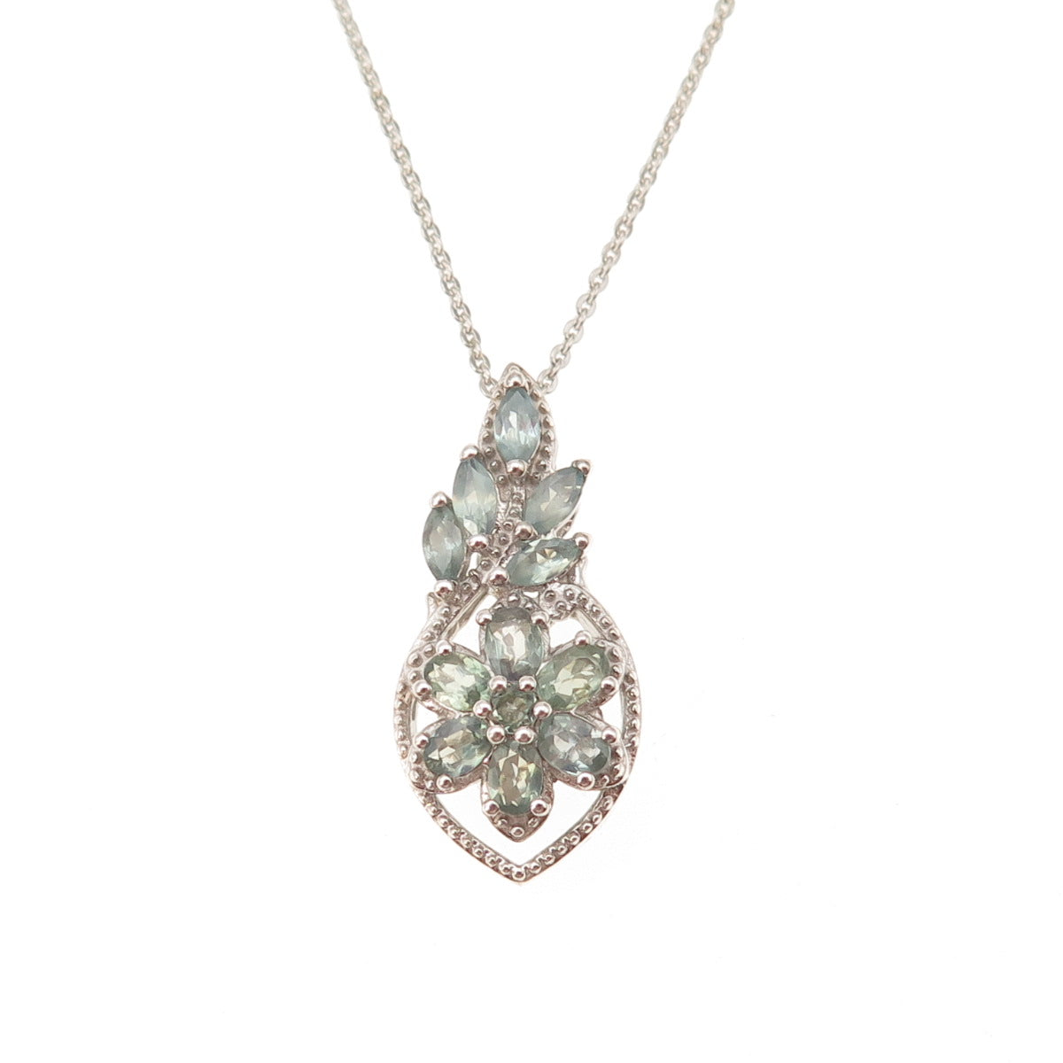 D'Joy 925 Sterling Silver Real Green Sapphire Floral Cable Chain Necklace 20"