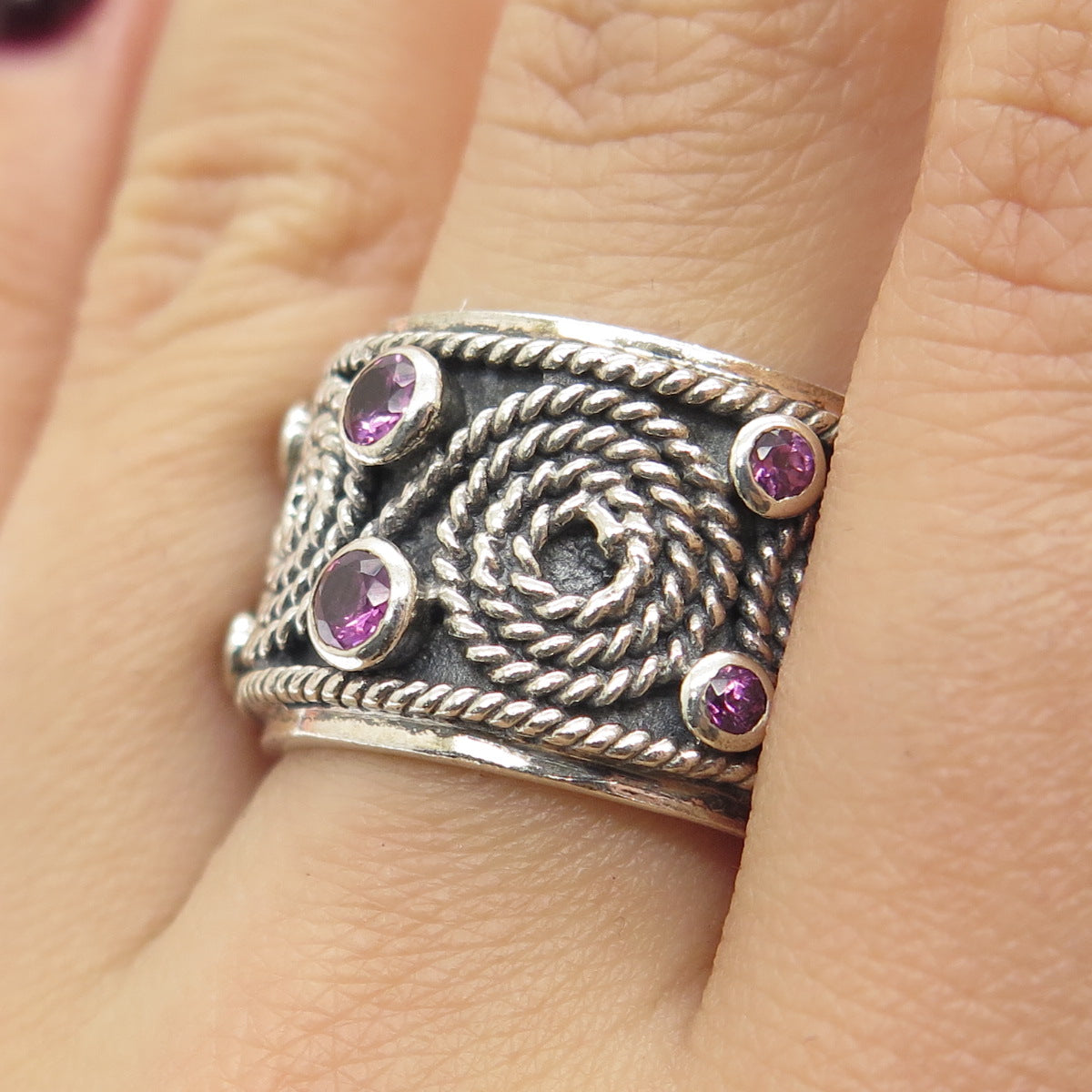 DOUG PAULUS Sterling Silver Vintage Real Amethyst Rope Swirl Band Ring Size 7.5