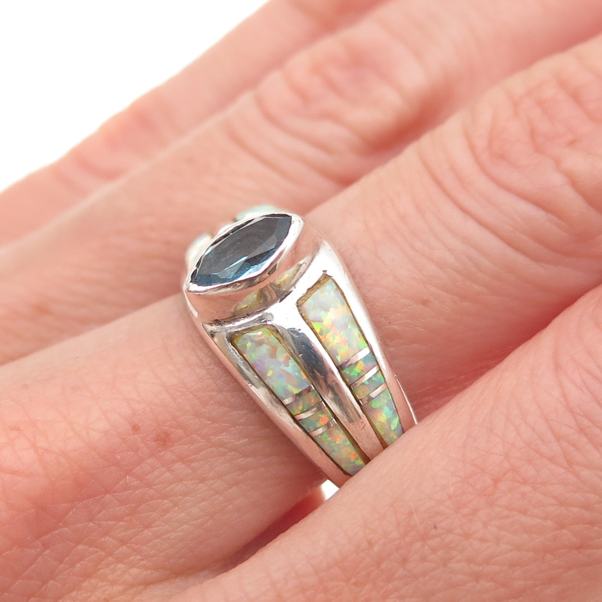 Vera Luna Zuni Old Pawn Sterling Silver Vintage Blue Topaz & Opal Ring Size 6.75