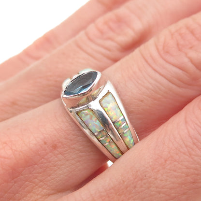 Vera Luna Zuni Old Pawn Sterling Silver Vintage Blue Topaz & Opal Ring Size 6.75