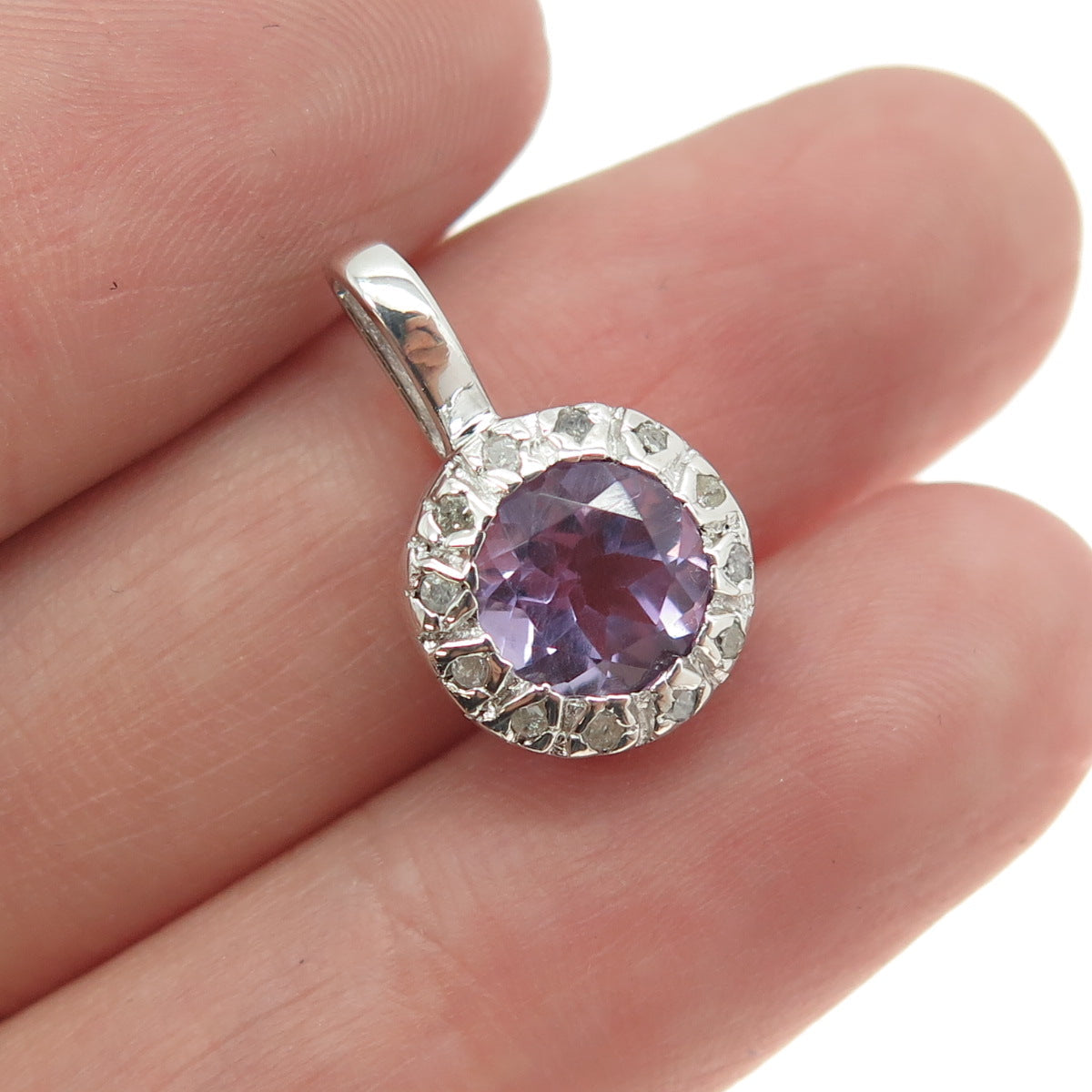 925 Sterling Silver Real Round-Cut Diamond & Amethyst Minimalist Pendant