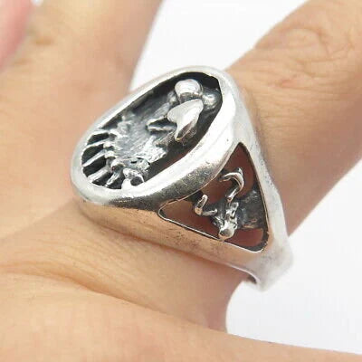 925 Sterling Silver Vintage Eagle & Deer Oval Ring Size 10.25