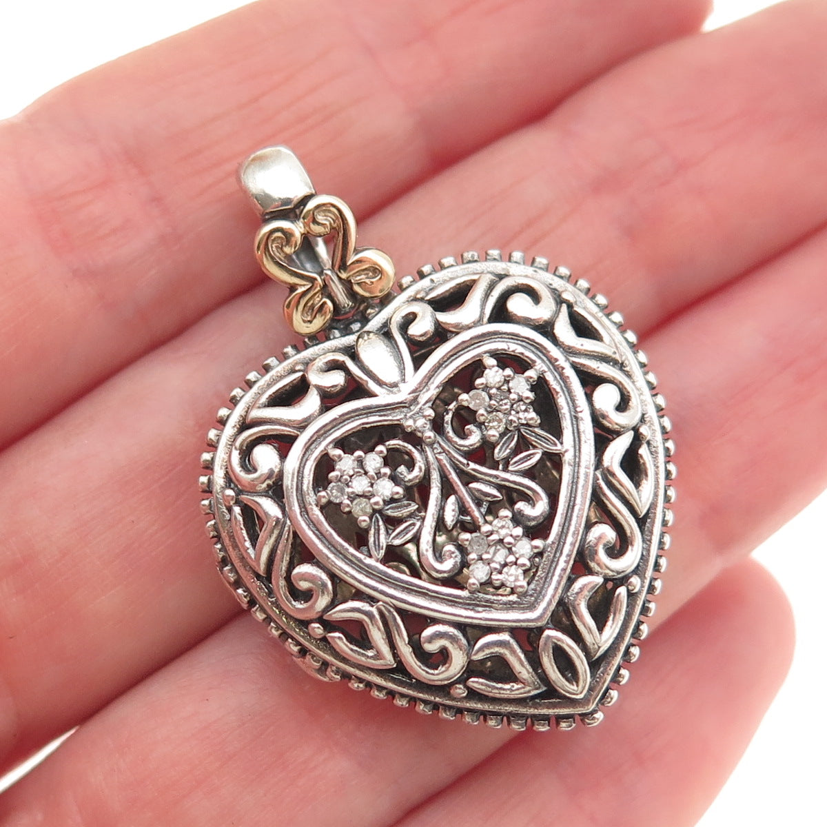 925 Sterling Silver 14K Gold Real Diamond Ornate Heart Locket Charm Pendant
