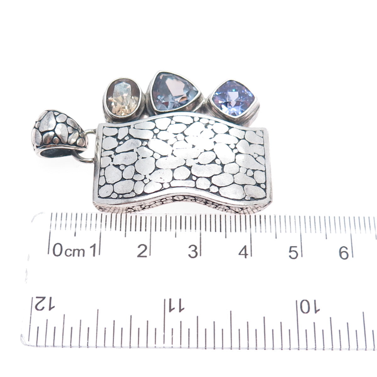 925 Sterling Silver Vintage Real Tanzanite Iolite Smoky Quartz Modernist Pendant