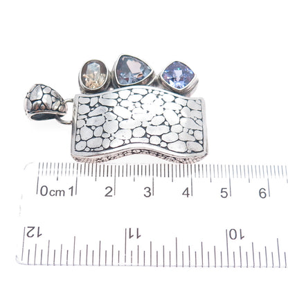 925 Sterling Silver Vintage Real Tanzanite Iolite Smoky Quartz Modernist Pendant