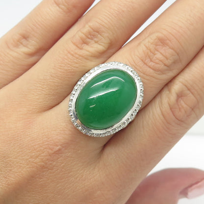 925 Sterling Silver Real Jade & White C Z Ring Size 8.25