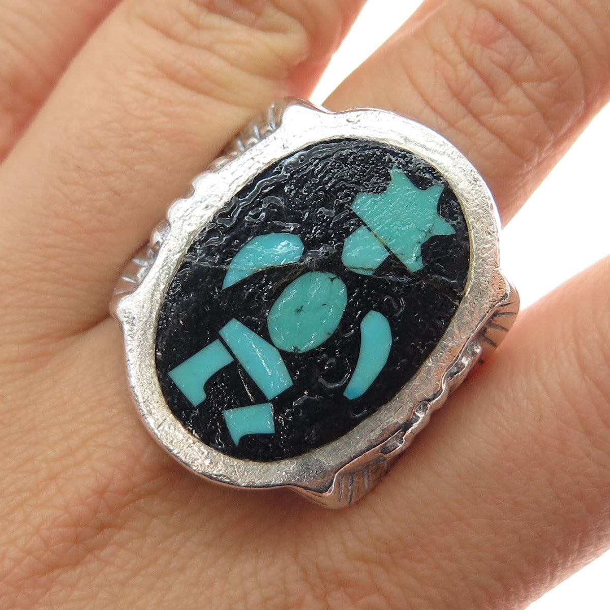 Old Pawn 925 Sterling Silver Vintage Turquoise Black Onyx Kachina Ring Size 12.5