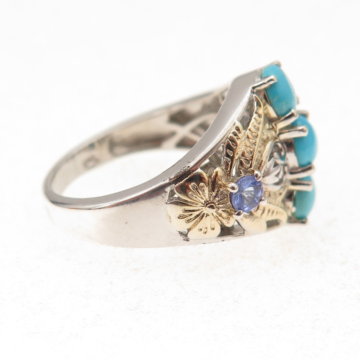 Chuck Clemency Sterling Silver 2-Tone Real Turquoise & Tanzanite Ring Size 8.25