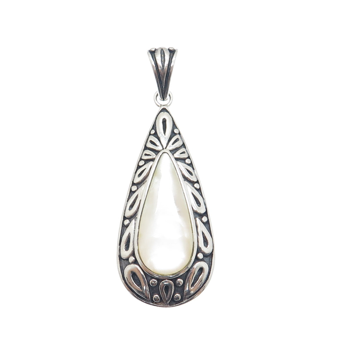 925 Sterling Silver Vintage Real MOP Ornate Teardrop Oxidized Pendant