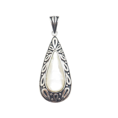 925 Sterling Silver Vintage Real MOP Ornate Teardrop Oxidized Pendant