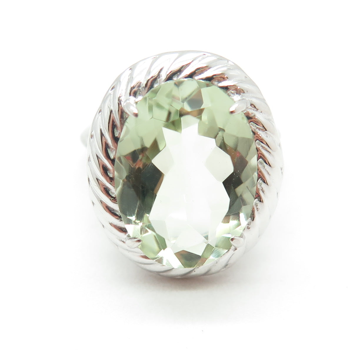 925 Sterling Silver Oval-Cut Green Amethyst Gemstone Twisted Ring Size 6.75
