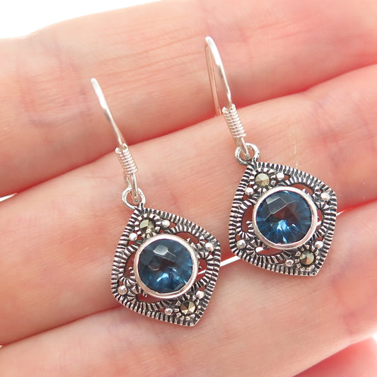 CHARLES WINSTON Sterling Silver Vintage Real Marcasite Blue C Z Dangle Earrings
