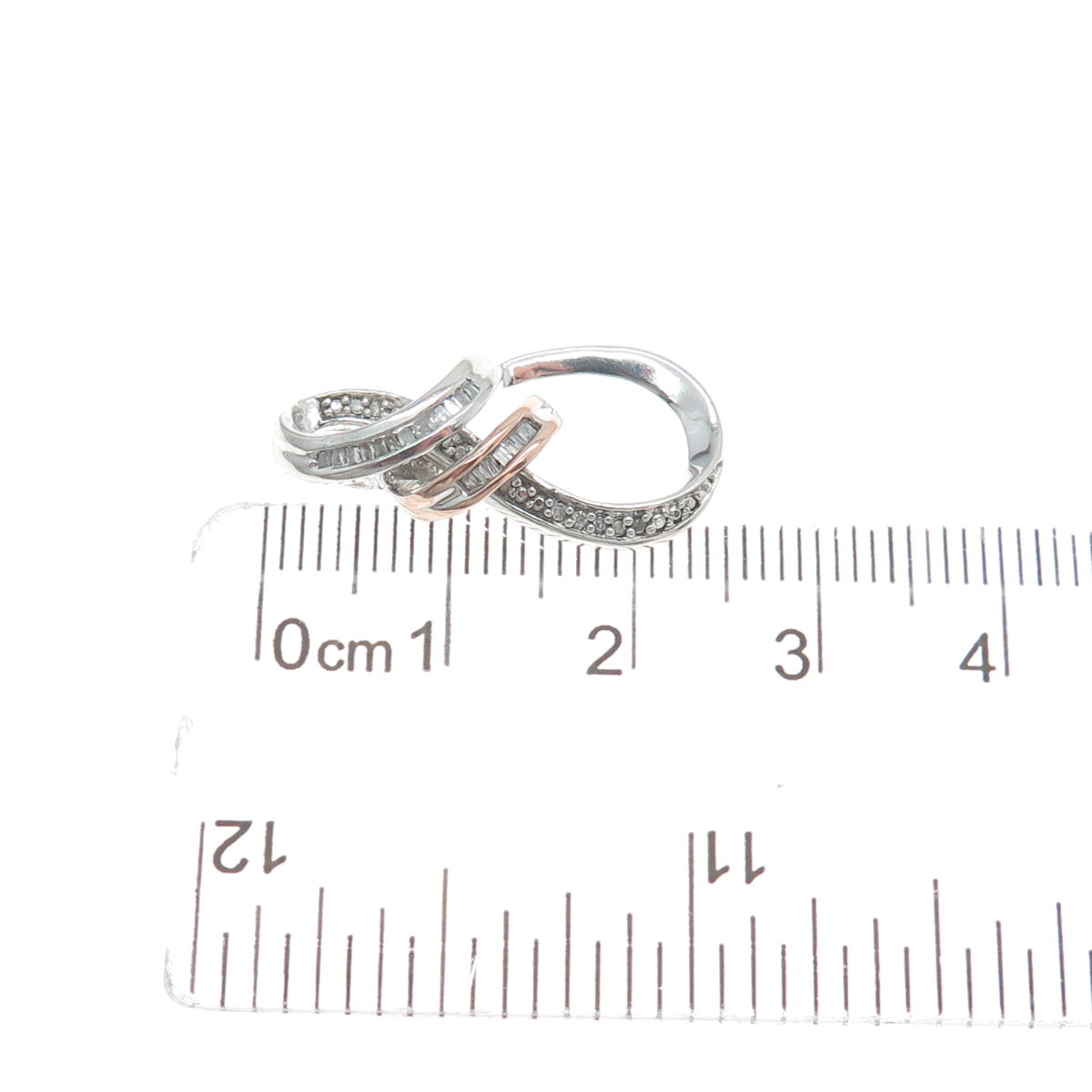 SUN 925 Sterling Silver & 14K Rose Gold Real Round-Cut Diamond Twisted Pendant