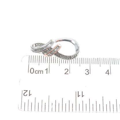 SUN 925 Sterling Silver & 14K Rose Gold Real Round-Cut Diamond Twisted Pendant