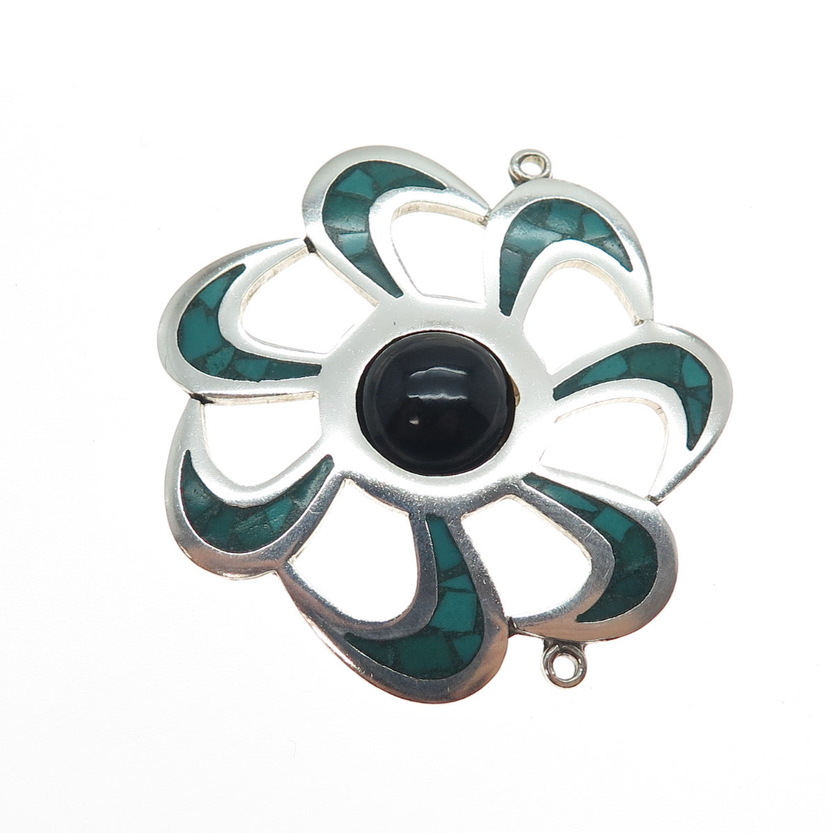 925 Sterling Vintage Mexico Real Onyx Turquoise Inlay Flower Centerpiece Pendant