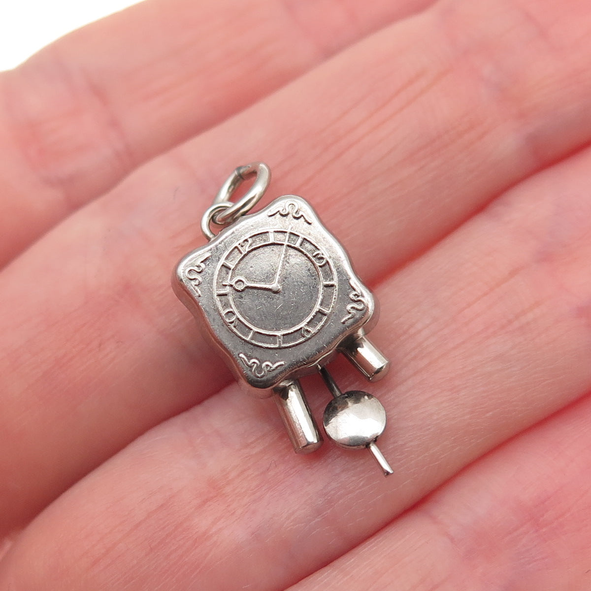 800 Silver Antique Art Deco Pendulum Clock 3D Mini Charm Pendant